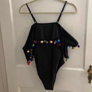 NEVER WORN Black One Piece with Ruffle and PomPoms